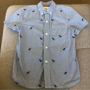 Boden button down gingham dinosaur shirt.